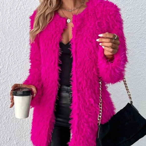 Faux fur teddy open front coat jacket trendy contemporary hot Pink - Picture 4 of 6